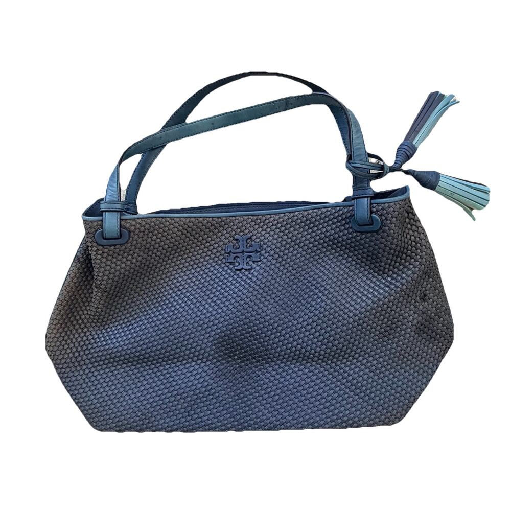 New Tory Burch Thea Woven Blue Shoulder Bag Purse Logo Tassles